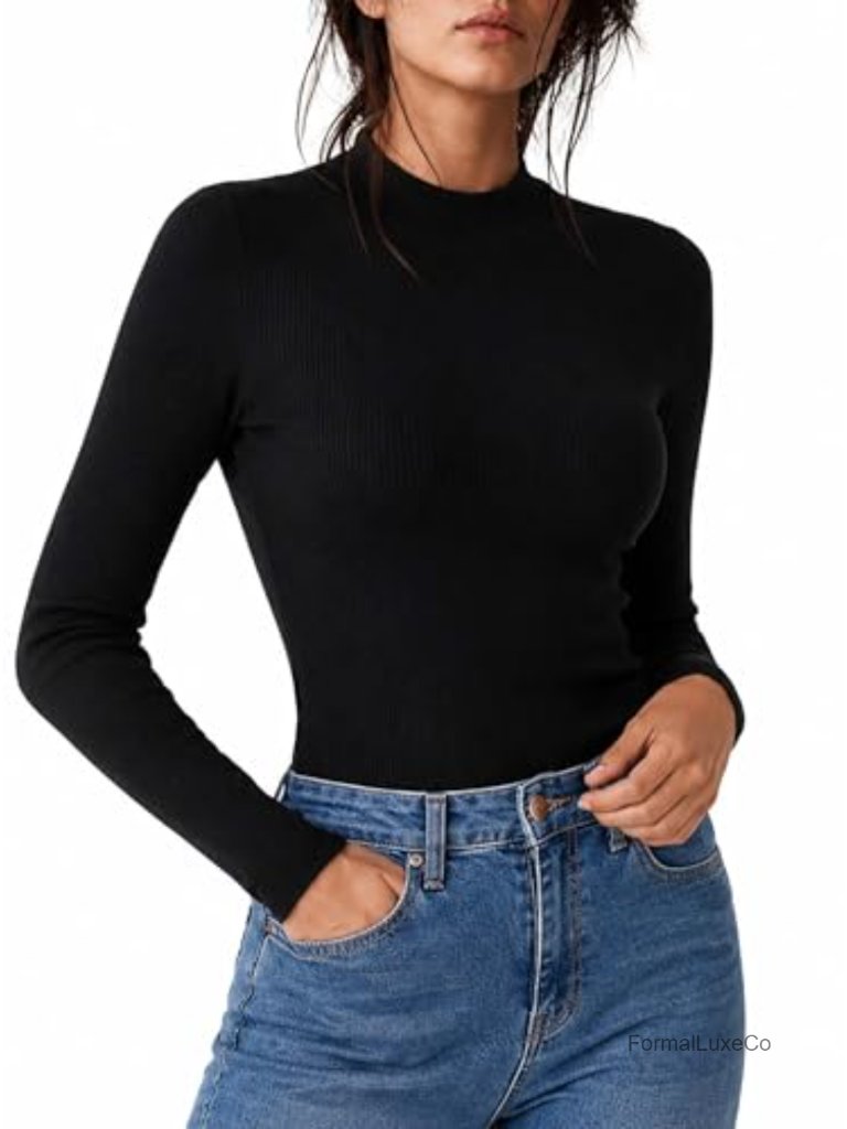 Women's Ribbed Knit Mock Neck Long Sleeve Fitted T-Shirt Casual